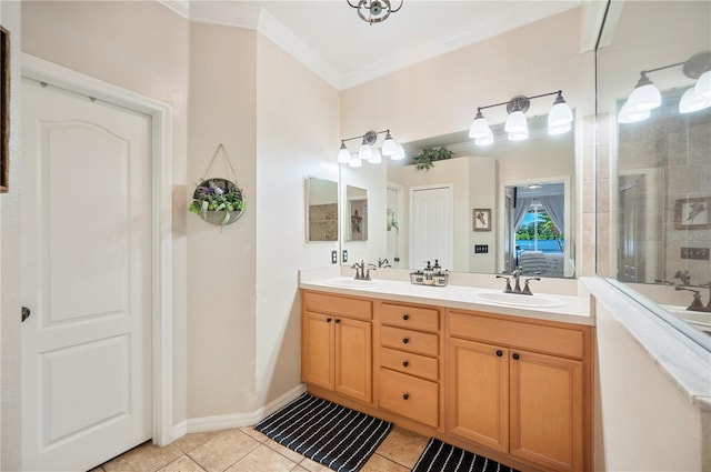 5102 Pheasant Woods Dr, Lutz, FL 33558 - ensuite bathroom with double vanity, crown molding, tile patterned floors, and a tile shower