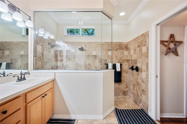 5102 Pheasant Woods Dr, Lutz, FL 33558 - full bathroom featuring vanity, a walk in shower, and ornamental molding
