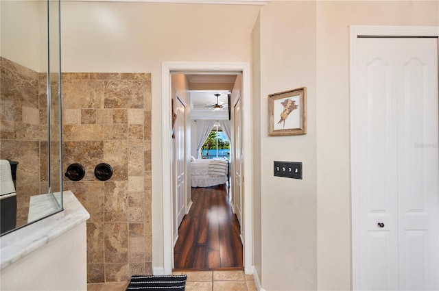 5102 Pheasant Woods Dr, Lutz, FL 33558 - ensuite bathroom featuring a walk in shower, ceiling fan, and tile patterned flooring