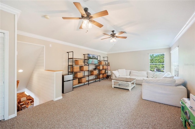 5102 Pheasant Woods Dr, Lutz, FL 33558 - carpeted living area with vaulted ceiling, a ceiling fan, and crown molding