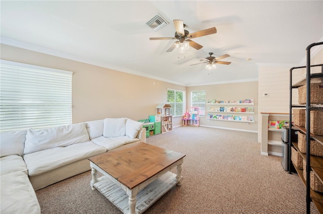 5102 Pheasant Woods Dr, Lutz, FL 33558 - carpeted living room featuring a ceiling fan and ornamental molding