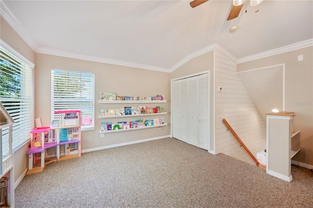 5102 Pheasant Woods Dr, Lutz, FL 33558 - rec room featuring carpet flooring, ornamental molding, a ceiling fan, and lofted ceiling
