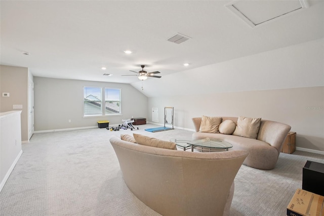 9107 Rally Spring Loop, Wesley Chapel, FL 33545 - living area with light colored carpet, vaulted ceiling, a ceiling fan, attic access, and recessed lighting