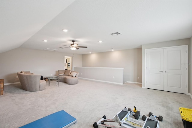 9107 Rally Spring Loop, Wesley Chapel, FL 33545 - workout area featuring carpet flooring, recessed lighting, and a ceiling fan