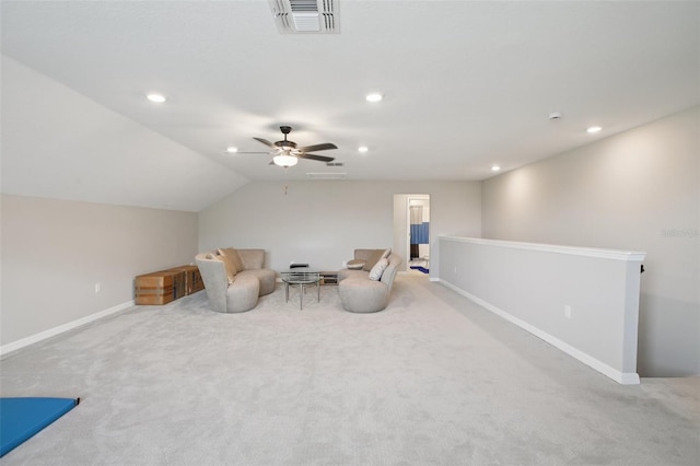 9107 Rally Spring Loop, Wesley Chapel, FL 33545 - living area with recessed lighting, carpet flooring, ceiling fan, and vaulted ceiling
