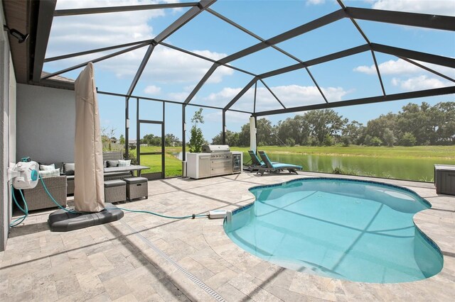 9107 Rally Spring Loop, Wesley Chapel, FL 33545 - swimming pool featuring an outdoor living space, a patio, a water view, and a lanai