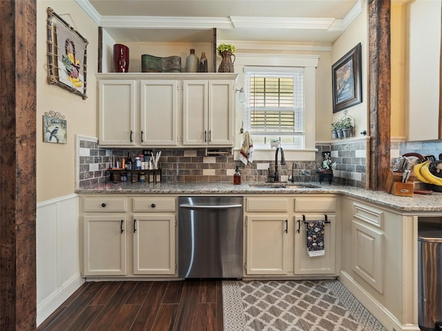 2504 W N A St Unit A, Tampa, FL 33609 - kitchen with stainless steel dishwasher, ornamental molding, dark wood-style flooring, backsplash, and light stone counters