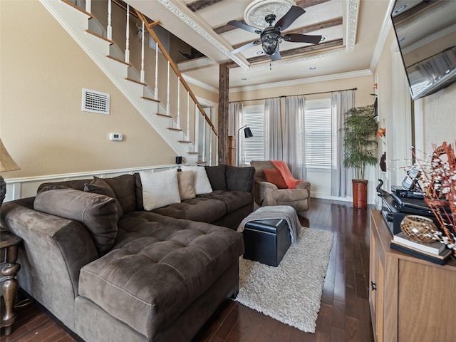 2504 W N A St Unit A, Tampa, FL 33609 - living area featuring dark wood-style flooring, a ceiling fan, crown molding, and stairs