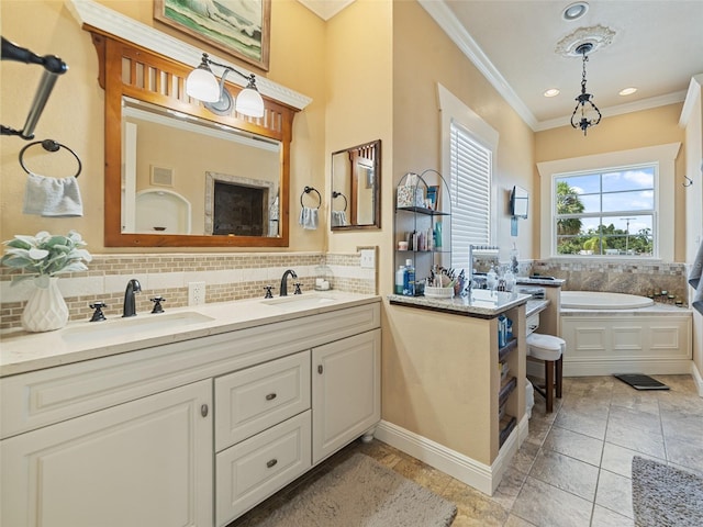 2504 W N A St Unit A, Tampa, FL 33609 - full bath with crown molding, double vanity, decorative backsplash, a bath, and recessed lighting