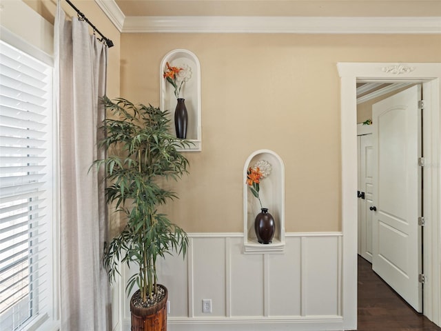 2504 W N A St Unit A, Tampa, FL 33609 - corridor with ornamental molding, a wainscoted wall, and dark wood-style floors