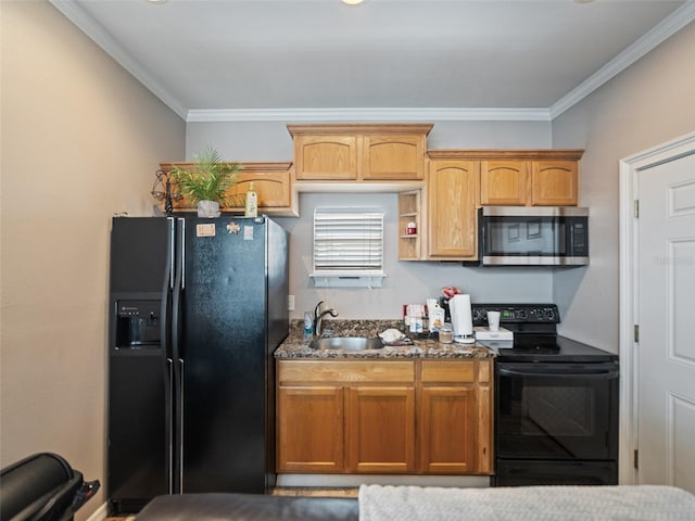 2504 W N A St Unit A, Tampa, FL 33609 - kitchen with black appliances, crown molding, and dark stone countertops