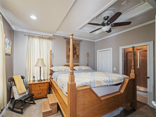 2504 W N A St Unit A, Tampa, FL 33609 - bedroom with crown molding, a ceiling fan, light colored carpet, and connected bathroom