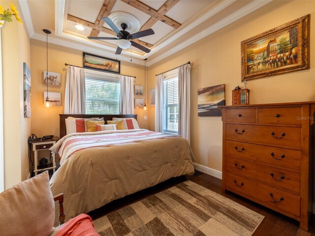 2504 W N A St Unit A, Tampa, FL 33609 - bedroom featuring ornamental molding, coffered ceiling, dark wood-style flooring, and a ceiling fan