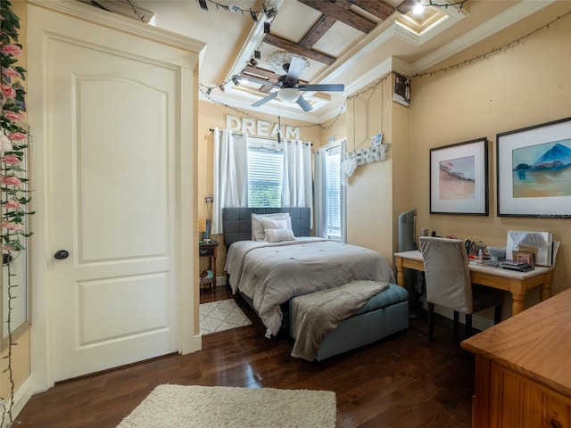2504 W N A St Unit A, Tampa, FL 33609 - bedroom featuring coffered ceiling, dark wood finished floors, crown molding, and ceiling fan