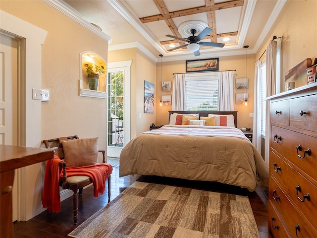 2504 W N A St Unit A, Tampa, FL 33609 - bedroom with coffered ceiling, dark wood-type flooring, multiple windows, access to outside, and crown molding