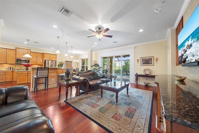 11729 Newberry Grove Loop, Riverview, FL 33579 - living room featuring ceiling fan, crown molding, recessed lighting, and dark wood-type flooring