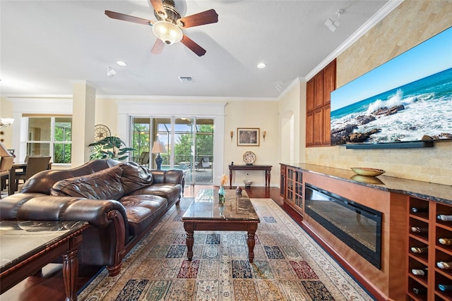 11729 Newberry Grove Loop, Riverview, FL 33579 - living area with a glass covered fireplace, ceiling fan, healthy amount of natural light, ornamental molding, and recessed lighting