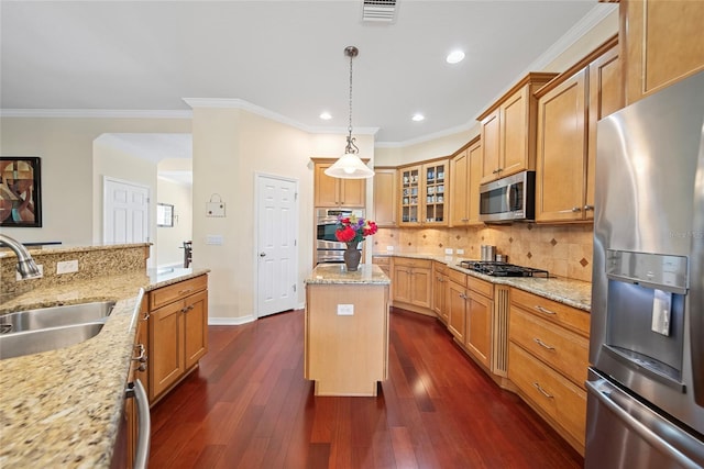 11729 Newberry Grove Loop, Riverview, FL 33579 - kitchen with stainless steel appliances, ornamental molding, decorative backsplash, glass insert cabinets, and a kitchen island