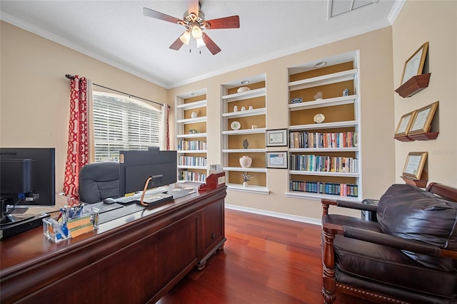 11729 Newberry Grove Loop, Riverview, FL 33579 - home office with ceiling fan, dark wood finished floors, built in shelves, and ornamental molding