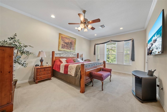 11729 Newberry Grove Loop, Riverview, FL 33579 - bedroom featuring light colored carpet, recessed lighting, crown molding, and a ceiling fan
