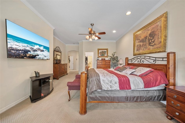11729 Newberry Grove Loop, Riverview, FL 33579 - bedroom with light colored carpet, crown molding, arched walkways, recessed lighting, and a ceiling fan