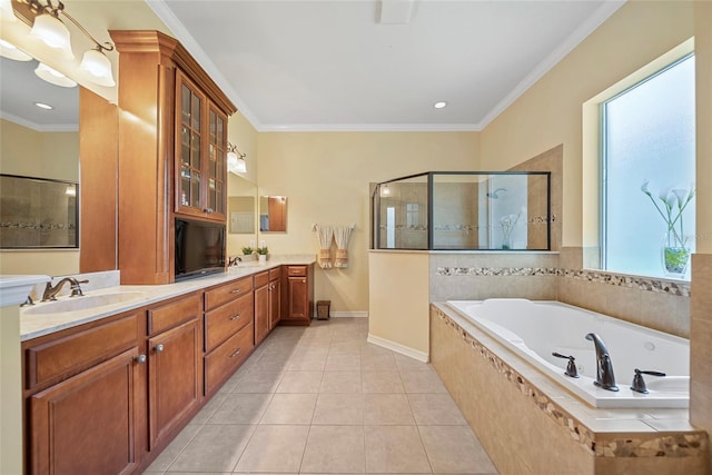 11729 Newberry Grove Loop, Riverview, FL 33579 - full bathroom featuring a bath, double vanity, a shower with shower door, tile patterned floors, and crown molding