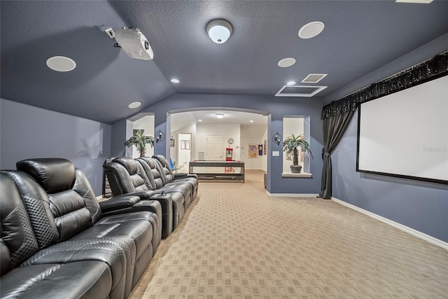 11729 Newberry Grove Loop, Riverview, FL 33579 - carpeted home theater featuring arched walkways, lofted ceiling, and recessed lighting