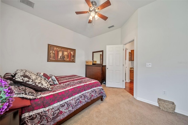 11729 Newberry Grove Loop, Riverview, FL 33579 - bedroom with light colored carpet, vaulted ceiling, and ceiling fan