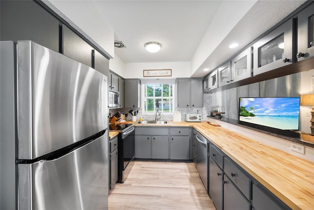 1711 N Highland Ave, Clearwater, FL 33755 - kitchen featuring stainless steel appliances, wooden counters, gray cabinetry, backsplash, and light wood-style flooring