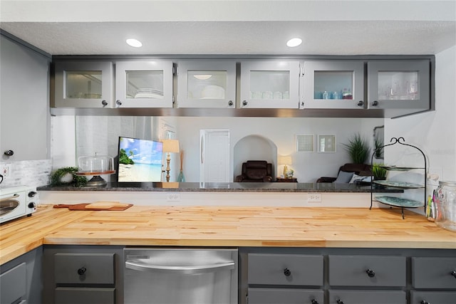 1711 N Highland Ave, Clearwater, FL 33755 - kitchen featuring gray cabinetry, butcher block counters, stainless steel dishwasher, and recessed lighting