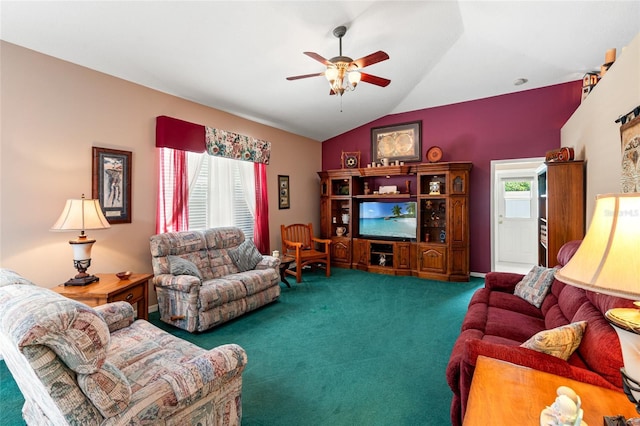 3246 Brenford Pl, Land O Lakes, FL 34638 - carpeted living room featuring a ceiling fan and lofted ceiling