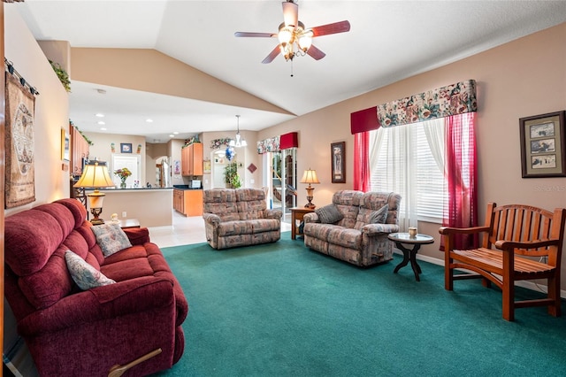 3246 Brenford Pl, Land O Lakes, FL 34638 - carpeted living room featuring ceiling fan and vaulted ceiling