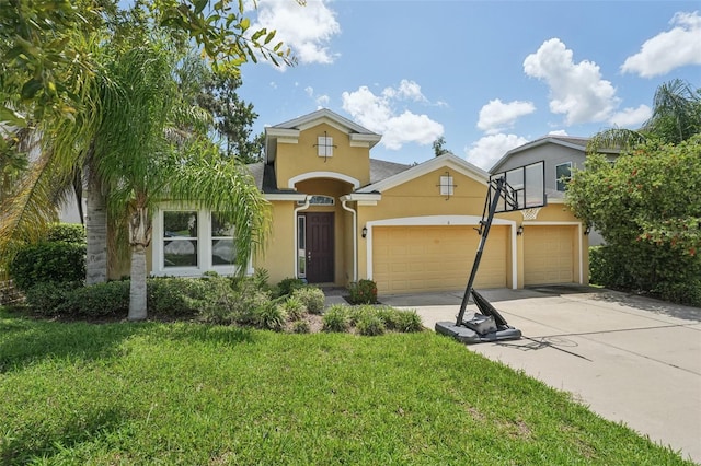6706 Riverside Bluffs Dr, Riverview, FL 33578 - view of front facade with stucco siding, driveway, a front lawn, and an attached garage