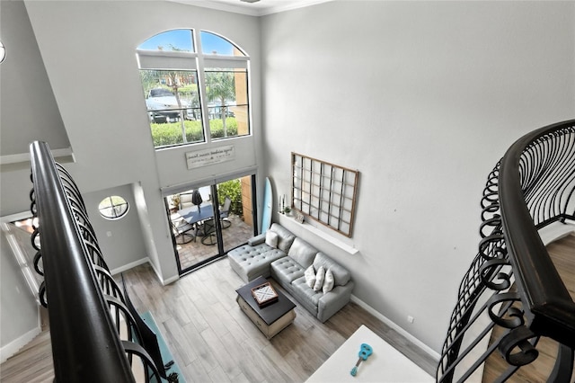 2741 Via Cipriani Unit 916A, Clearwater, FL 33764 - living area with wood finished floors, ornamental molding, and a towering ceiling