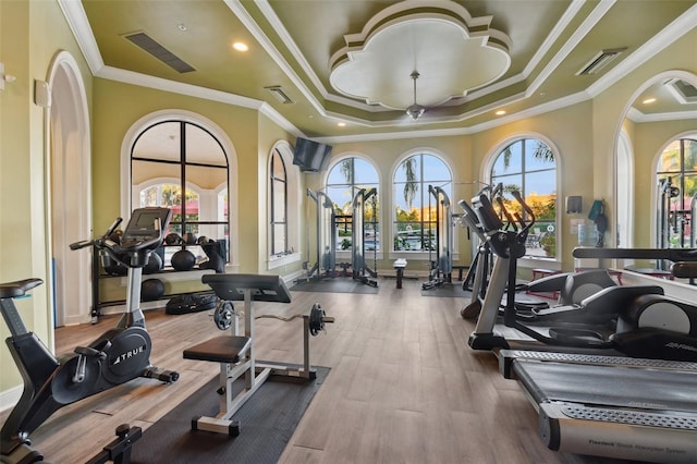 2741 Via Cipriani Unit 916A, Clearwater, FL 33764 - gym featuring wood finished floors, crown molding, a raised ceiling, and arched walkways
