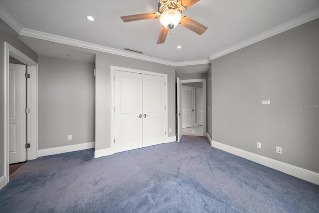 125 Belleview Blvd Unit 503, Belleair, FL 33756 - unfurnished bedroom featuring carpet flooring, ornamental molding, recessed lighting, ceiling fan, and a closet