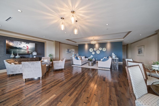 125 Belleview Blvd Unit 503, Belleair, FL 33756 - living room with a raised ceiling, ornamental molding, wood-type flooring, a chandelier, and recessed lighting