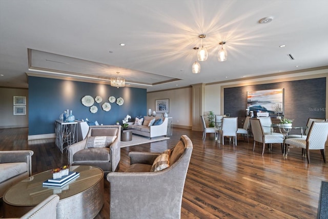 125 Belleview Blvd Unit 503, Belleair, FL 33756 - living room with a chandelier, a tray ceiling, ornamental molding, wood finished floors, and recessed lighting