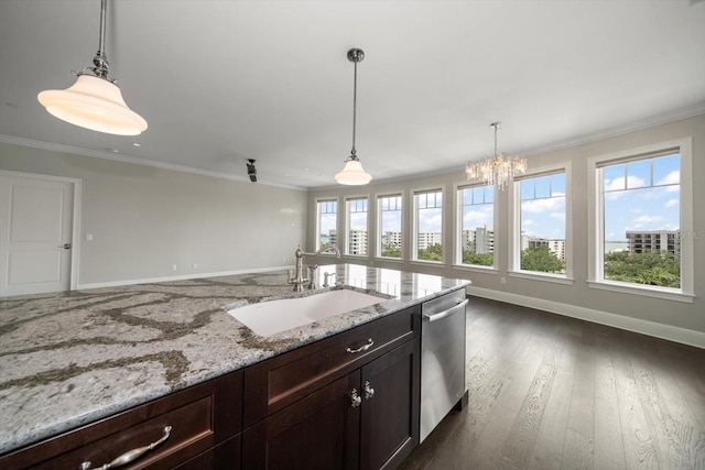 125 Belleview Blvd Unit 503, Belleair, FL 33756 - kitchen featuring dishwasher, crown molding, a chandelier, light stone countertops, and hanging light fixtures