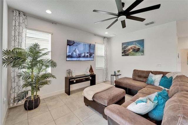5611 Del Coronado Dr, Apollo Beach, FL 33572 - living area with ceiling fan, light tile patterned floors, and recessed lighting