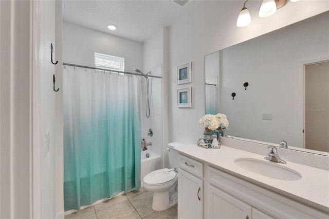 5611 Del Coronado Dr, Apollo Beach, FL 33572 - bathroom with shower / tub combo with curtain, tile patterned floors, and vanity