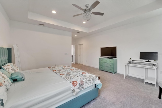 5611 Del Coronado Dr, Apollo Beach, FL 33572 - bedroom with recessed lighting, carpet, a raised ceiling, and ceiling fan