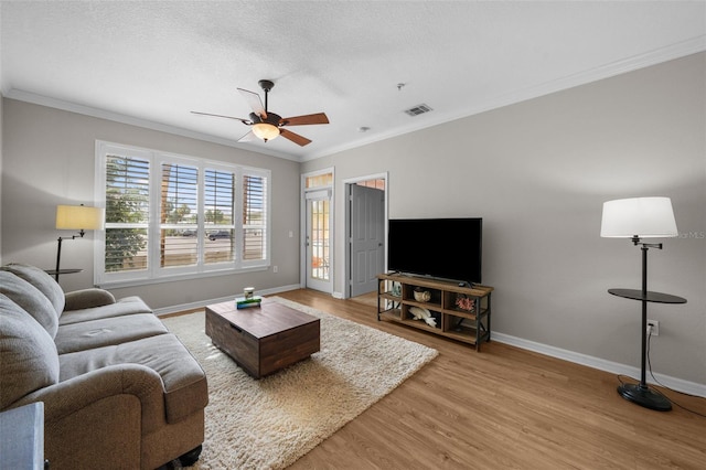 5000 Culbreath Key Way Unit 1-112, Tampa, FL 33611 - living room featuring crown molding, ceiling fan, light wood-style flooring, and a textured ceiling