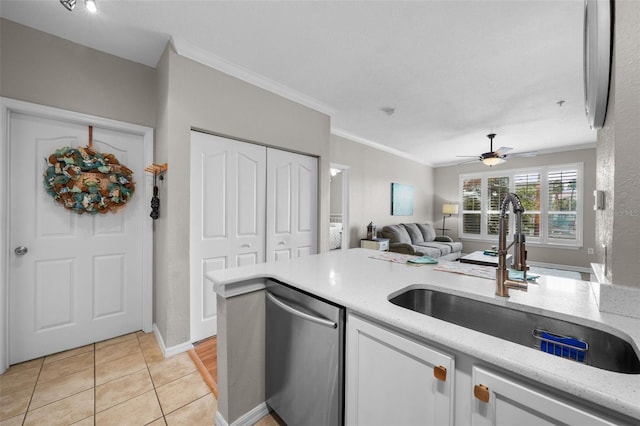 5000 Culbreath Key Way Unit 1-112, Tampa, FL 33611 - kitchen with dishwasher, ornamental molding, white cabinets, a ceiling fan, and light stone countertops