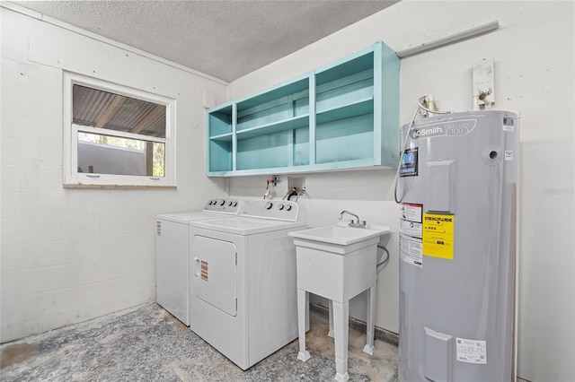 358 Highland Shores Dr, Ellenton, FL 34222 - laundry area with water heater, washing machine and clothes dryer, and a textured ceiling