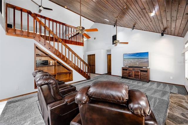 11203 Egret Nest Ct, Riverview, FL 33569 - living room featuring ceiling fan, carpet, stairs, wood ceiling, and high vaulted ceiling
