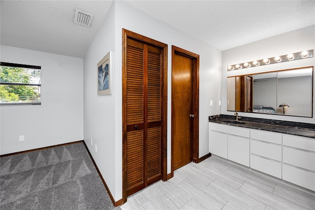 11203 Egret Nest Ct, Riverview, FL 33569 - bathroom featuring a closet, vanity, and a textured ceiling