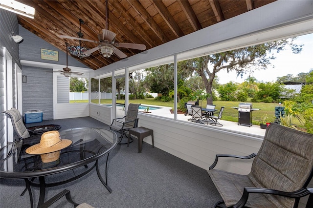 11203 Egret Nest Ct, Riverview, FL 33569 - sunroom featuring lofted ceiling and a ceiling fan
