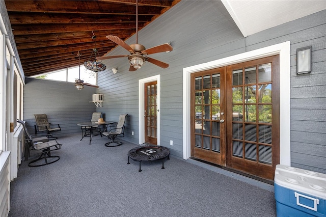 11203 Egret Nest Ct, Riverview, FL 33569 - sunroom featuring french doors, a ceiling fan, vaulted ceiling, and outdoor dining space
