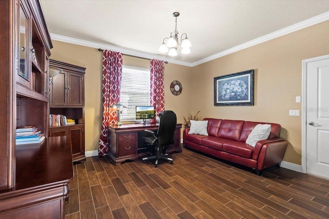 8358 Dunham Station Dr, Tampa, FL 33647 - office with ornamental molding, a chandelier, and dark wood-style floors